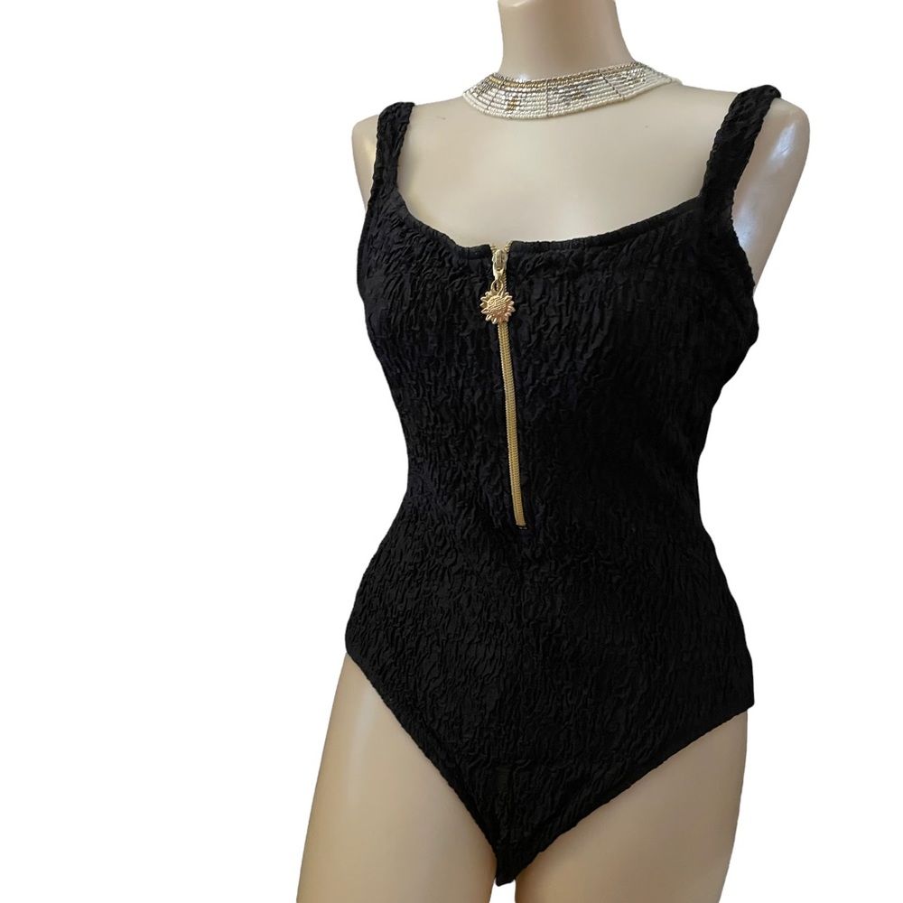 Elizabeth Stuart black puckered bathing suit w/gold sunflower zipper size 10🌴🎉